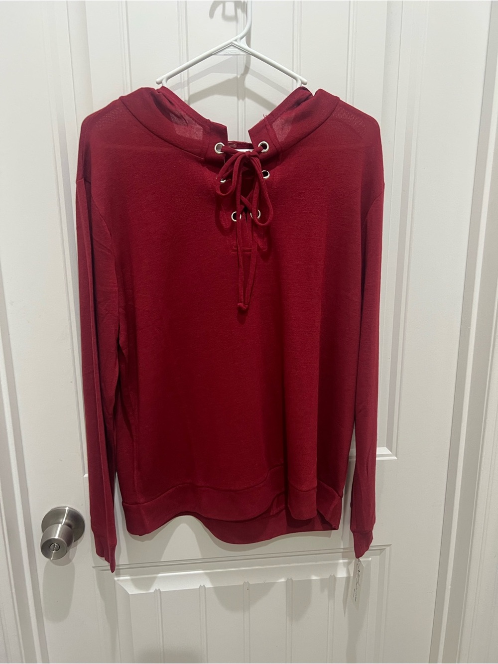 NY Collection Lace-Up Hooded Pullover in Wine